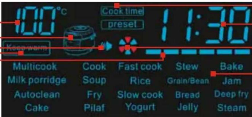 100°C Cook time preset 1:30 Keep warm Multicook Milk porridge Autoclean Cake Cook Soup Fry Pilaf Fast cook Rice Slow cook Yogurt Stew Grain/Bean Bread Jelly Bake Jam Deep fry Steam