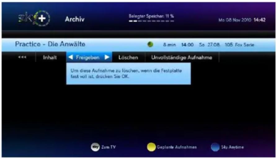 HUMAX S HD 4 - Eine Aufnahme zum automatischen Löschen freigeben - 1