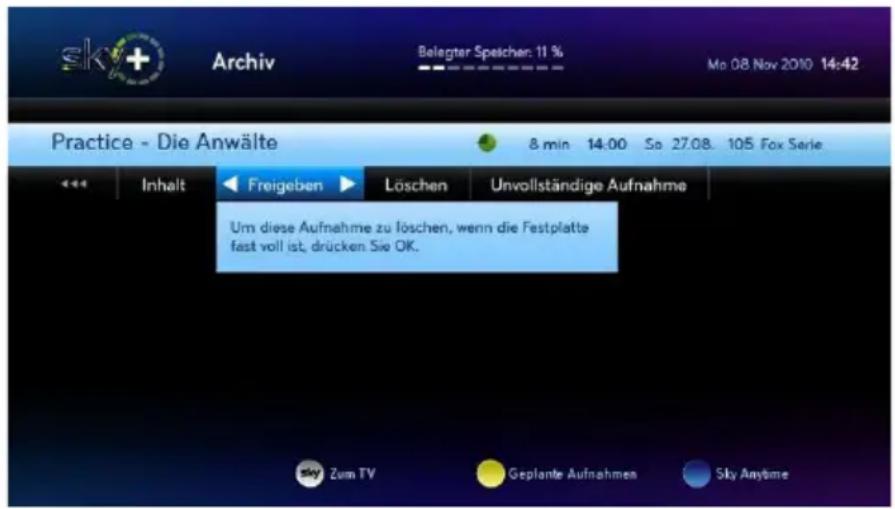 HUMAX S HD 3 - Eine Aufnahme zum automatischen Löschen freigeben - 1