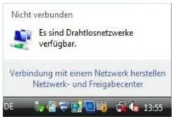 Nicht verbunden Es sind Drahtlosnetzwerke verfügbar. Verbindung mit einem Netzwerk herstellen Netzwerk- und Freigabecenter DE 13:55