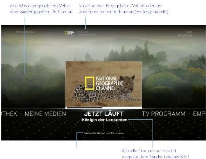 Aktuell wieder gegebenes Video oder wiedergegebene Aufnahme Name des wiedergegebenes Videos oder der wiedergegebenen Aufnahme (Hintergrundbild) NATIONAL GEOGRAPHIC CHANNEL JETZT LÄUFT Königin der Leoparden TV PROGRAMM · EMP Drücken Sie OK, um Live TV zu seien Aktuelle Sendung auf zuletzt eingestelltem Sender (ksiernes Bild)