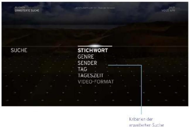 SUCHEN ERWEITERIE SUCHE 2021 MO-25 APR SUCHE STICHWORT GENRE SENDER TAG TAGESZEIT VIDEO-FORMAT Kriterien der erweiterten Suche
