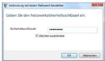 Verbindung mit einem Netzwerk herstellen Geben Sie den Netzwerksicherheitsschlüssel ein. Sicherheitsschlüssel ****** ✓ Zeichen ausblenden OK Abbrachen
