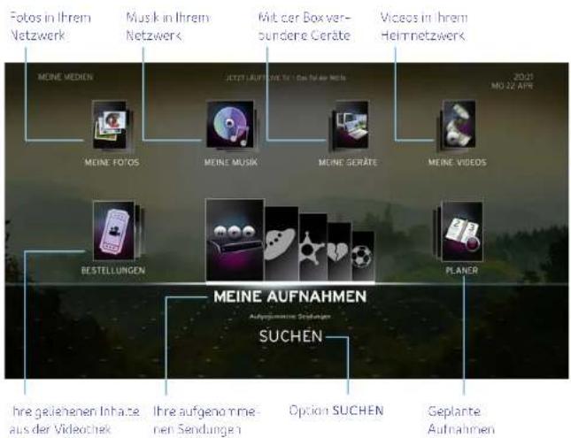 Fotos in Ihrem Netzwerk Musk in Ihrem Netzwerk Mit der Box ver- bundere Geräte Videos in Ihrem Helmnetzwerk 2021 NO 22 April MEINE MEDIEN MEINE FOTOS MEINE MUSIK MEINE SERÄTE MEINE VIDEOS BESTELLUNGEN PLANER MEINE AUFNAHMEN Aufnahmen Erstungen SUCHEN Ihre geiehenen Inhae aus der Videochek Ihre aufgenomme- nen Sendungen Option SUCHEN Geplante Aufnahmen