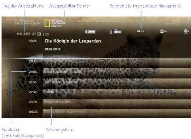 Tag der Ausstrahlung Ausgewählter Sender Senderliste (horizontale Navigation) TU PROZARMA ENZELER SENIOR NATIONAL GEOGRAPHIC COUNNEL MO APR 22 208 INFO 19:25 Die Königln der Leoparden 19:25-2015 20:15 Mennt segeld für 21:05 Ammerkus Galsterstädtre 21:55 Die Trauen-Beteiktive 22:45 Taboo 23:35 Drogan Im Visier 00:25 Das Folgenden Experiment Sendzeit: (vertikale Navigation) Sendungsliste