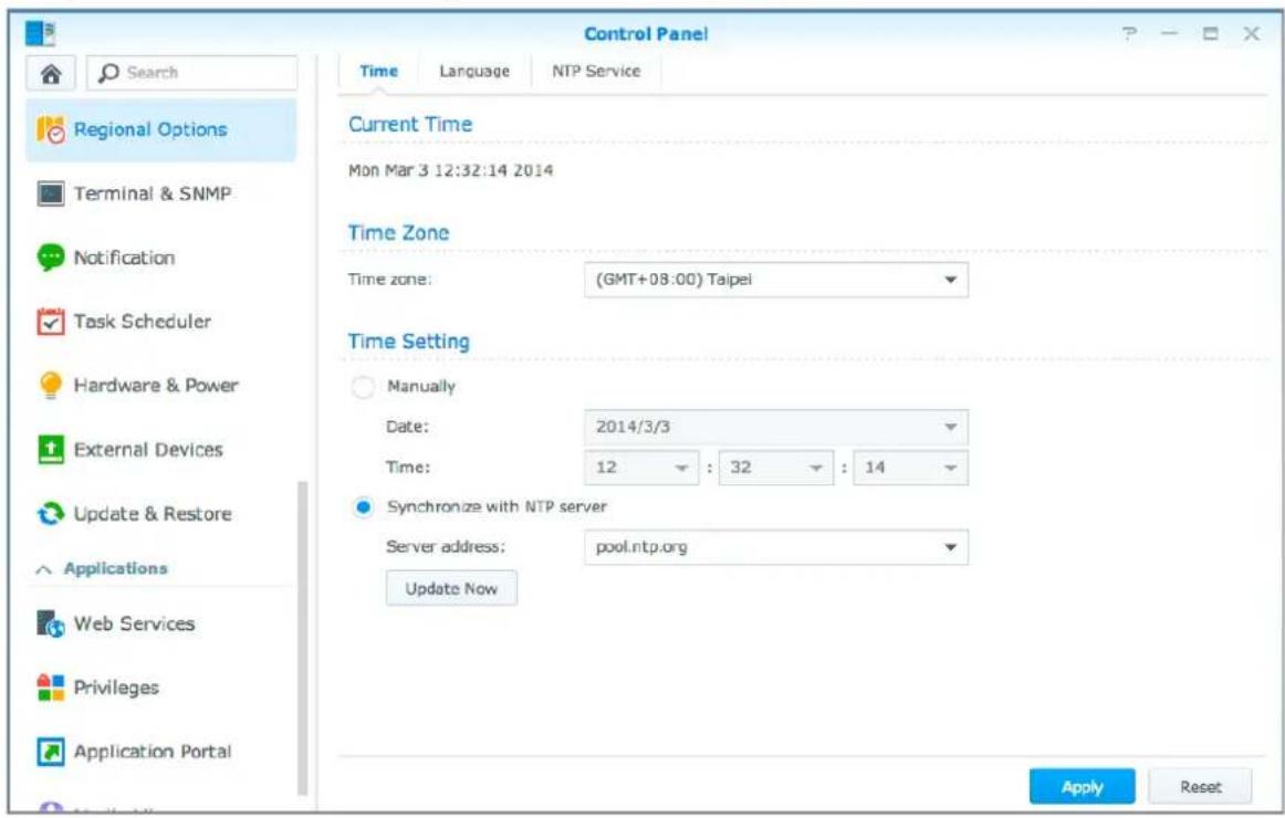 Control Panel Search Regional Options Terminal & SNMP Notification Task Scheduler Hardware & Power External Devices Update & Restore Applications Web Services Privileges Application Portal Current Time Mon Mar 3 12:32:14 2014 Time Zone Time zone: (GMT+08:00) Taipei Time Setting Manually Date: 2014/3/3 Time: 12 : 32 : 14 Synchronize with NTP server Server address: pool.ntp.org Update Now Apply Reset