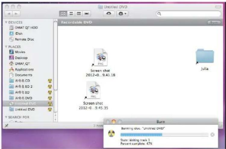 Untitled DVD Recordable DVD Screen shot 2012-0...9.43.18 Screen shot 2012-0...9.45.35 Burning Burning holes. "Untitled DVD" State: Writing track 1 Percent complete: 47%