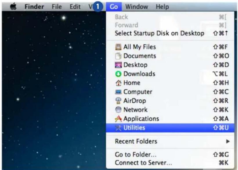 Finder File Edit V 1 Go Window Help Back Forward Select Startup Disk on Desktop All My Files Documents Desktop Downloads Home Computer AirDrop Network Applications Utilities Recent Folders Go to Folder... Connect to Server...