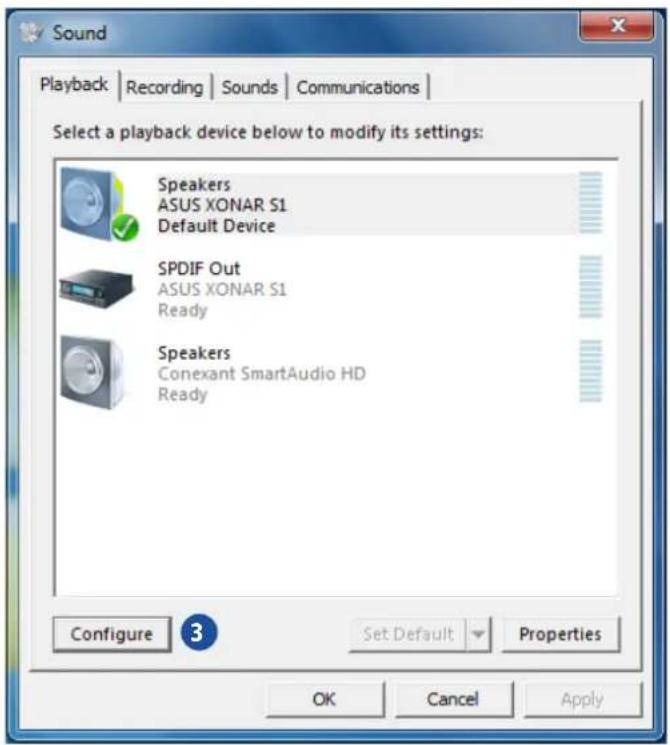 Sound Playback | Recording | Sounds | Communications | Select a playback device below to modify its settings: Speakers ASUS XONAR S1 Default Device SPDIF Out ASUS XONAR S1 Ready Speakers Conexant SmartAudio HD Ready Configure 3 Set Default Properties OK Cancel Apply