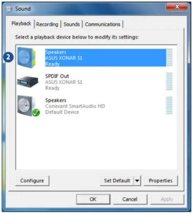 Sound Playback | Recording | Sounds | Communications | Select a playback device below to modify its settings: Speakers ASUS XONAR S1 Ready SPDIF Out ASUS XONAR S1 Ready Speakers Conexant SmartAudio HD Default Device Configure Set Default Properties OK Cancel Apply