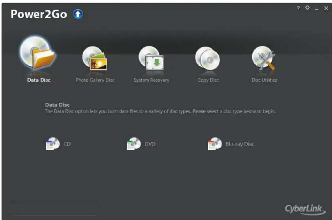 Power2Go Data Disc Photo Gallery Disc System Recovery Copy Disc Disc Utilities Data Disc The Data Disc option lets you burn data files to a variety of disc types. Please select a disc type below to begin. CD DVD Blu-ray Disc CyberLink