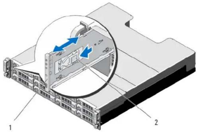 Technical diagram of a server rack with labeled components and directional arrows indicating movement or flow