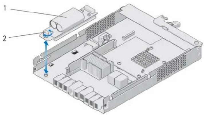 Technical diagram of a computer motherboard showing labeled components and a blue directional arrow indicating motion or movement.