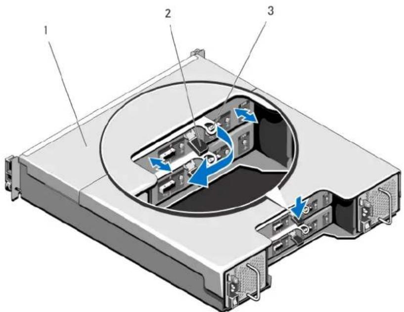 Diagram of a computer drive showing internal components with blue arrows indicating rotation or movement, labeled 1, 2, and 3.