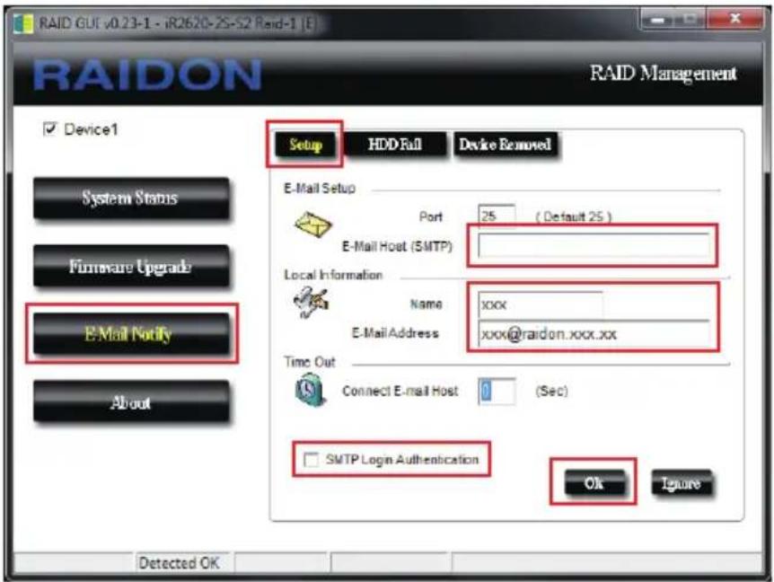 RAID GUF v0.23-1 - iR2620-ZS-S2 Raid-1 (E) RAID Management Device1 Setup HDD Roll Device Removed E-Mail Setup Port 25 (Default 25 ) E-Mail Host (SMTP) Local Information Name xxx E-Mail Address xxx@raidon.xxx.xx Time Out Connect E-mail Host 0 (Sec) SMTP Login Authentication Ok Ignore Detected OK