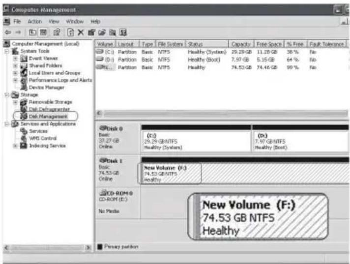 Computas Management File Action View Window Help Computer Management (Local) System Tools Event Viewer Shared Polders Local Users and Groups Performance Logs and Alerts Device Manager Storage Removable Storage Disk Refragmenter Disk Management Services and Applications Services WIFI Control Indexing Service Volume Layout Type File System Status Capacity Free Space % Free Fault Tolerance (C:) Partition Basic NTFS Healthy (Systems) 29.29 GB 11.28 GB 36% No (D:) Partition Basic NTFS Healthy (Book) 7.97 GB 5.15 GB 64% No (E:) Partition Basic NTFS Healthy 74.53 GB 74.46 GB 99% No Disk 0 Basic: 37.27 GB Online (C:) 29.29 GB NTFS Healthy (Systems) (D:) 7.97 GB NTFS Healthy (Book) Disk 1 Basic: 74.53 GB Online New Volume (F:) 74.53 GB NTFS Healthy CD-ROM 0 CD-ROM (D:) No Pads New Volume (F:) 74.53 GB NTFS Healthy Primary partition