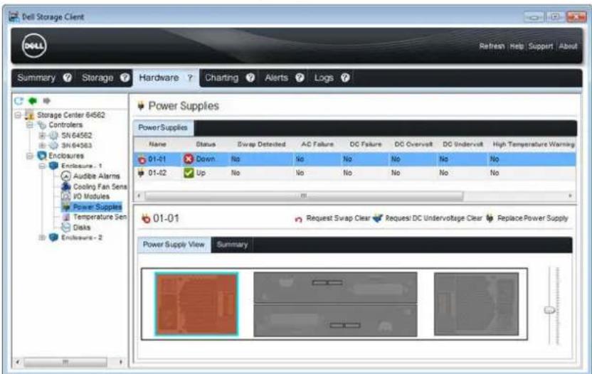 Dell Storage Client Refresh Help Support About Summary Storage Hardware Charting Alerts Logs ? Storage Center 64562 Controllers SN 64562 3H 64563 Enclosures Enclosure... 1 Audible Alarms Cooling Fan Sens VO Modules Power Suppliers Temperature Sen Disk Enclosures - 2 Power Supplies Power Supplies Name Status Swap Detected AC Failure DC Failure DC Overvall DC Undervall High Temperature Warning 01-01 Down No No No No No No No 01-02 Up No No No No No No No 01-01 Request Swap Clear Request DC Untervoltage Clear Replace Power Supply Power Supply View Summary