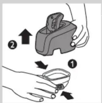 Illustration showing two-step instructions for handling a device, labeled with arrows and numbered parts (1 and 2)