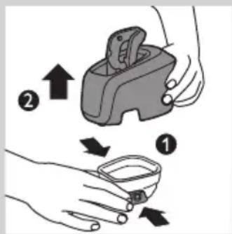 Diagram illustrating two-step cleaning or cleaning process: step ① shows hand holding a container while moving, step ② shows hand holding a tool with an upward arrow.