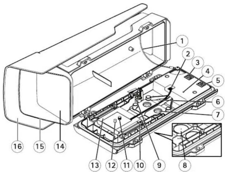 Technical diagram of a device casing with numbered components for identification