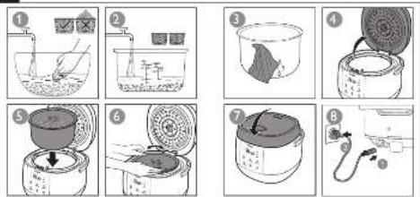 Illustration showing a cooking process with numbered steps for adding, pouring, and using a pot.