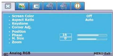 Screen Color Aspect Ratio Keystone Corner Adj. Position Phase H. Size Zoom Off Auto 16 0 Analog RGB MENU: Exit