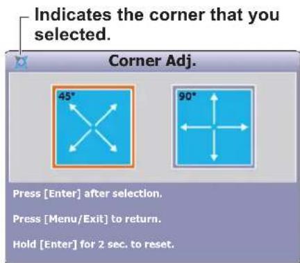 Indicates the corner that you selected. Corner Adj. 45° 90° Press [Enter] after selection. Press [Menu/Exit] to return. Hold [Enter] for 2 sec. to reset.