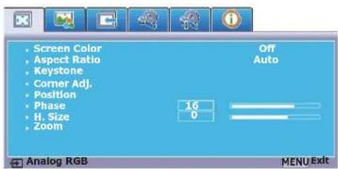 Screen Color Aspect Ratio Keystone Corner Adj. Position Phase H. Size Zoom 16 0 Off Auto Analog RGB MENU Exit