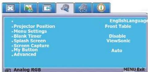 Projector Position Menu Settings Blank Timer Splash Screen Screen Capture My Button Advanced EnglishLanguage Front Table Disable ViewSonic Auto Analog RGB MENU Exit