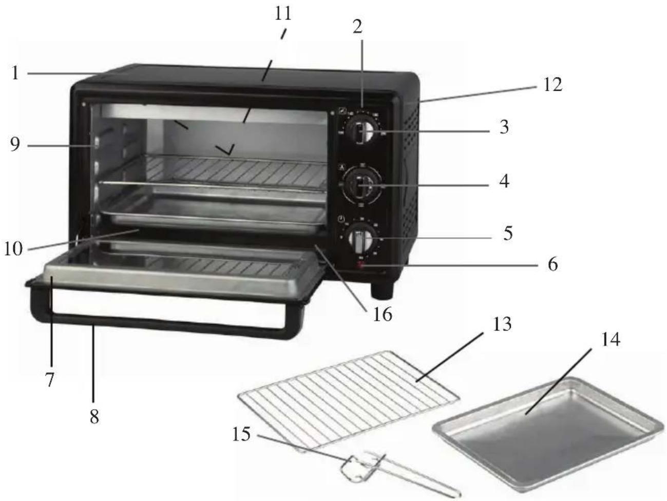 Labeled diagram of a toaster oven with numbered parts for identification and assembly reference.