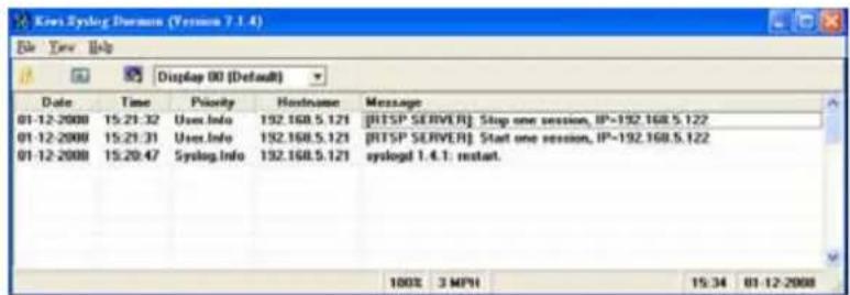 Kew Syslog Harmon (Version 7.1.4) File View Help Display 00 (Default) Date Time Priority Hostname Message 01-12-2000 15:21:32 User.info 192.168.5.121 [RITSP SERVER]: Stop one session, IP=192.168.5.122 01-12-2000 15:21:31 User.info 192.168.5.121 [RITSP SERVER]: Start one session, IP=192.168.5.122 01-12-2000 15:20:47 Syslog.info 192.168.5.121 syslogd 1.4.1: restart. 100% 3 MPH 15:34 01-12-2000