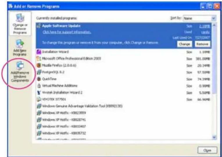 Add or Remove Programs Currently installed programs: Sort by: Name Apple Software Update Add here for support information. Size 2.1 GB Used 100% Last Used On 7/27/2007 To change this program or remove it from your computer, click Change or Remove. Change Remove Installation Wizard Microsoft Office Professional Edition 2003 Musilla Firefox (2.0-0.6) PostgreSQL 8.2 QuickTime Virtual Machine Additions Wvotek Installation Wizard 2 VSP40TEK ST7501 Windows Genuine Advantage Validation Tool (WB992130) Windows XP Hotfix - KB823559 Windows XP Hotfix - KB828741 Windows XP Hotfix - KB803407 Windows XP Hotfix - KB805732 Close