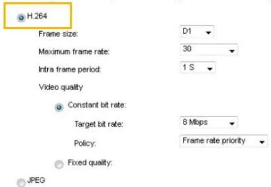 H.264 Frame size: D1 Maximum frame rate: 30 Intra frame period: 1 S Video quality Constant bit rate: Target bit rate: 8 Mbps Policy: Frame rate priority Fixed quality: JPEG