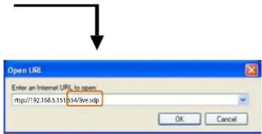 Open URI Enter an Internet URL to open rtsp:/192.168.5.151b54/live.sdp OK Cancel
