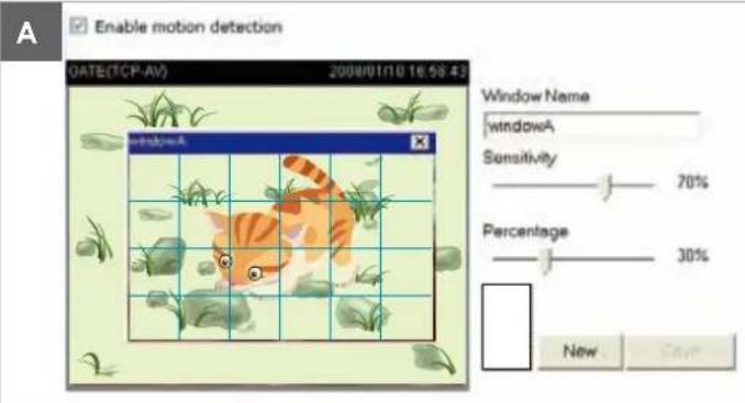 Enable motion detection DATE(TCP-AV) 2009/01/10 16:58:43 Window Name windowA Sensitivity 70% Percentage 30% New Save