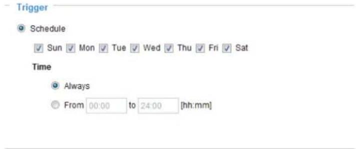 Trigger Schedule Sun Mon Tue Wed Thu Fri Sat Time Always From 00:00 to 24:00 [hh:mm]