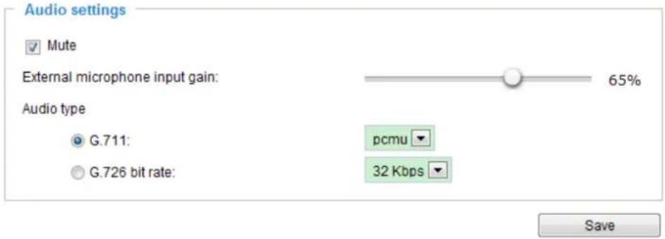 Audio settings ✓ Mute External microphone input gain: 65% Audio type G.711: pcmu G.726 bit rate: 32 Kbps Save