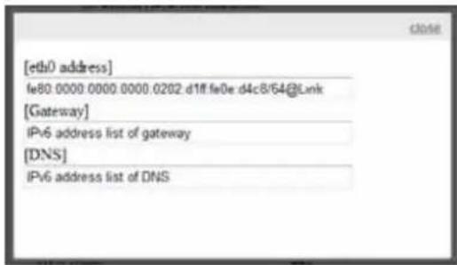 [etb0 address] fe80.0000.0000.0000.0202.d1ff:fe0e:d4c8/64@Link [Gateway] IPv6 address list of gateway [DNS] IPv6 address list of DNS