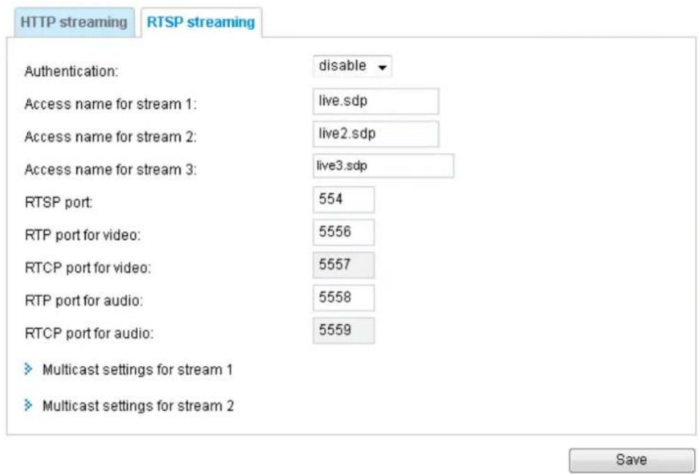 HTTP streaming RTSP streaming Authentication: disable Access name for stream 1: live.sdp Access name for stream 2: live2.sdp Access name for stream 3: live3.sdp RTSP port: 554 RTP port for video: 5556 RTCP port for video: 5557 RTP port for audio: 5558 RTCP port for audio: 5559 ► Multicast settings for stream 1 ► Multicast settings for stream 2 Save