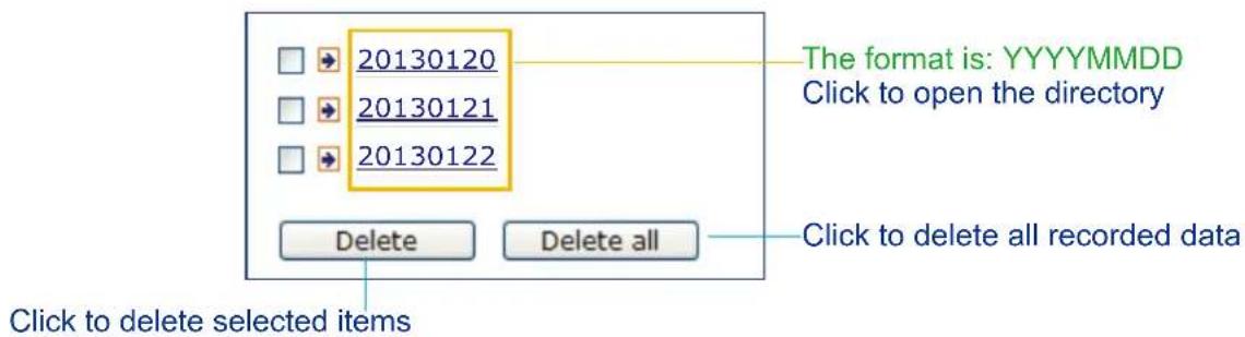 20130120 20130121 20130122 The format is: YYYYMMDD Click to open the directory Delete Delete all Click to delete all recorded data Click to delete selected items