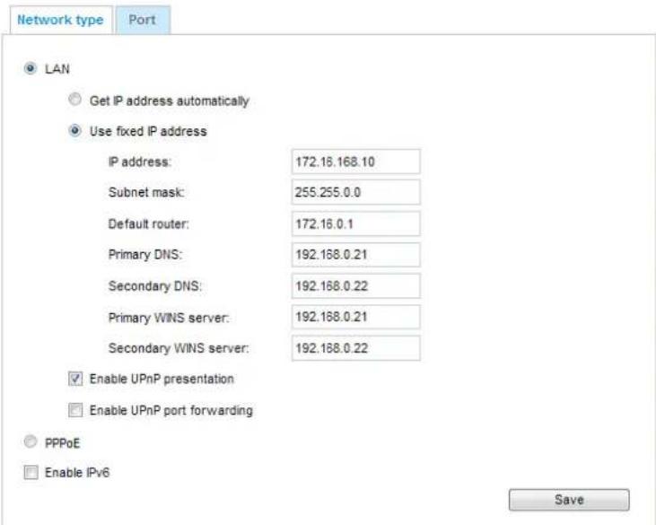 Network type Port LAN Get IP address automatically Use fixed IP address IP address: 172.18.168.10 Subnet mask: 255.255.0.0 Default router: 172.18.0.1 Primary DNS: 192.188.0.21 Secondary DNS: 192.188.0.22 Primary WINS server: 192.188.0.21 Secondary WINS server: 192.188.0.22 Enable UPnP presentation Enable UPnP port forwarding PPPoE Enable IPv6 Save
