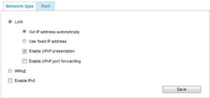 Network type Port LAN Get IP address automatically Use fixed IP address Enable UPnP presentation Enable UPnP port forwarding PPPoE Enable IPv6 Save