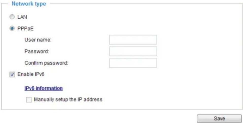 Network type LAN PPPoE User name: Password: Confirm password: Enable IPv6 IPv6 information Manually setup the IP address Save