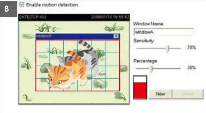 Enable motion detection GATE(TCP-AV) 200801/10 16:58:43 Window Name windowA Sensitivity 70% Percentage 30% New Save