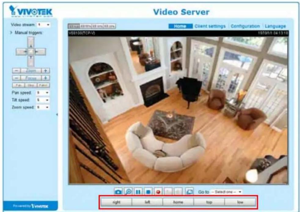 VIVOTEK Video Stream: Manual triggers: Zoom Focus Pan Stop Panel Pan speed: Tilt speed: Zoom speed: Video Server VIVOTEK 48 times 68 times 68 times Home Client settings Configuration Language V00100(TCP.V) 1970/11/04 13:18 Go to -Select one - Right left home top low Powered by VIVOTEK