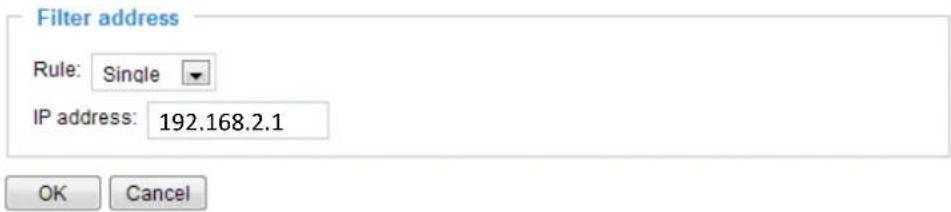 Filter address Rule: Single IP address: 192.168.2.1 OK Cancel