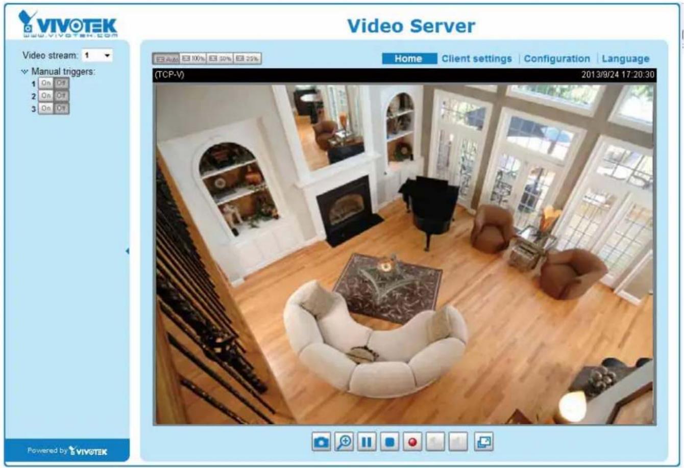 Video Server VIVO TEK www.vivotek.com Video stream: 1 Manual triggers: 1 On Off 2 On Off 3 On Off E:\A\M E3 10% E3 30% E3 25% Home Client settings Configuration Language (TCP-V) 2013/9/24 17:20:30 Powered by VIVO TEK