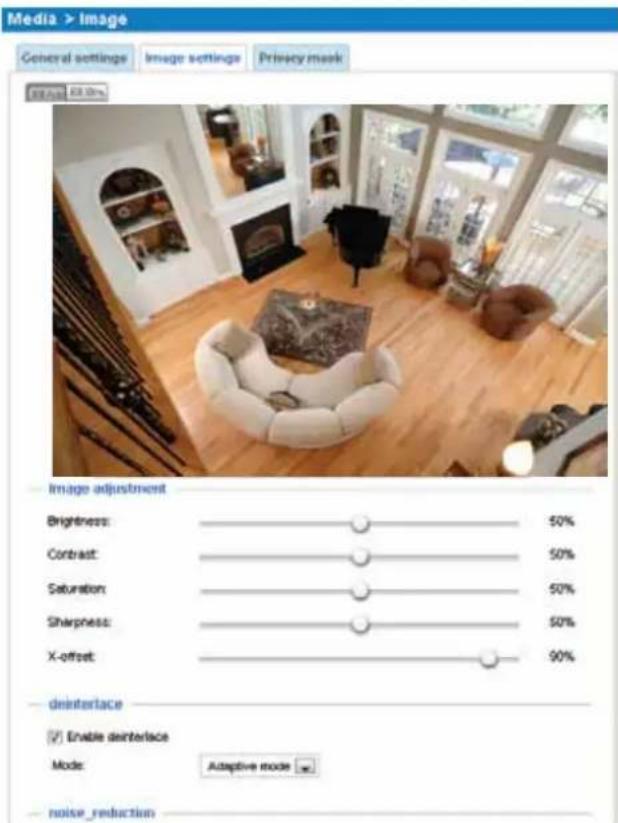 Media > Image General settings Image settings Privacy mask Image adjustment Brightness: 50% Contrast: 50% Saturation: 50% Sharpness: 50% X-offset: 90% deinterface Enable deinterface Mode: Adaptive mode noise_reduction