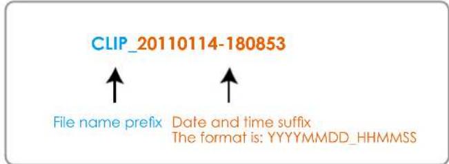CLIP_20110114-180853 File name prefix Date and time suffix The format is: YYYYMMDD_HHMMSS