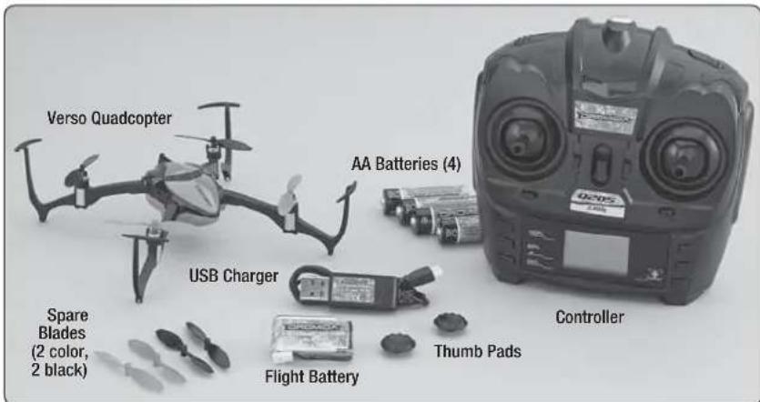 Verso Quadcopter AA Batteries (4) USB Charger Spare Blades (2 color, 2 black) Flight Battery Thumb Pads Controller